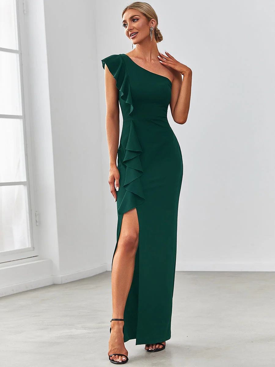 Classy Sleeveless Asymmetric Shoulders Pencil Bridesmaid Dress #EMAE00010
