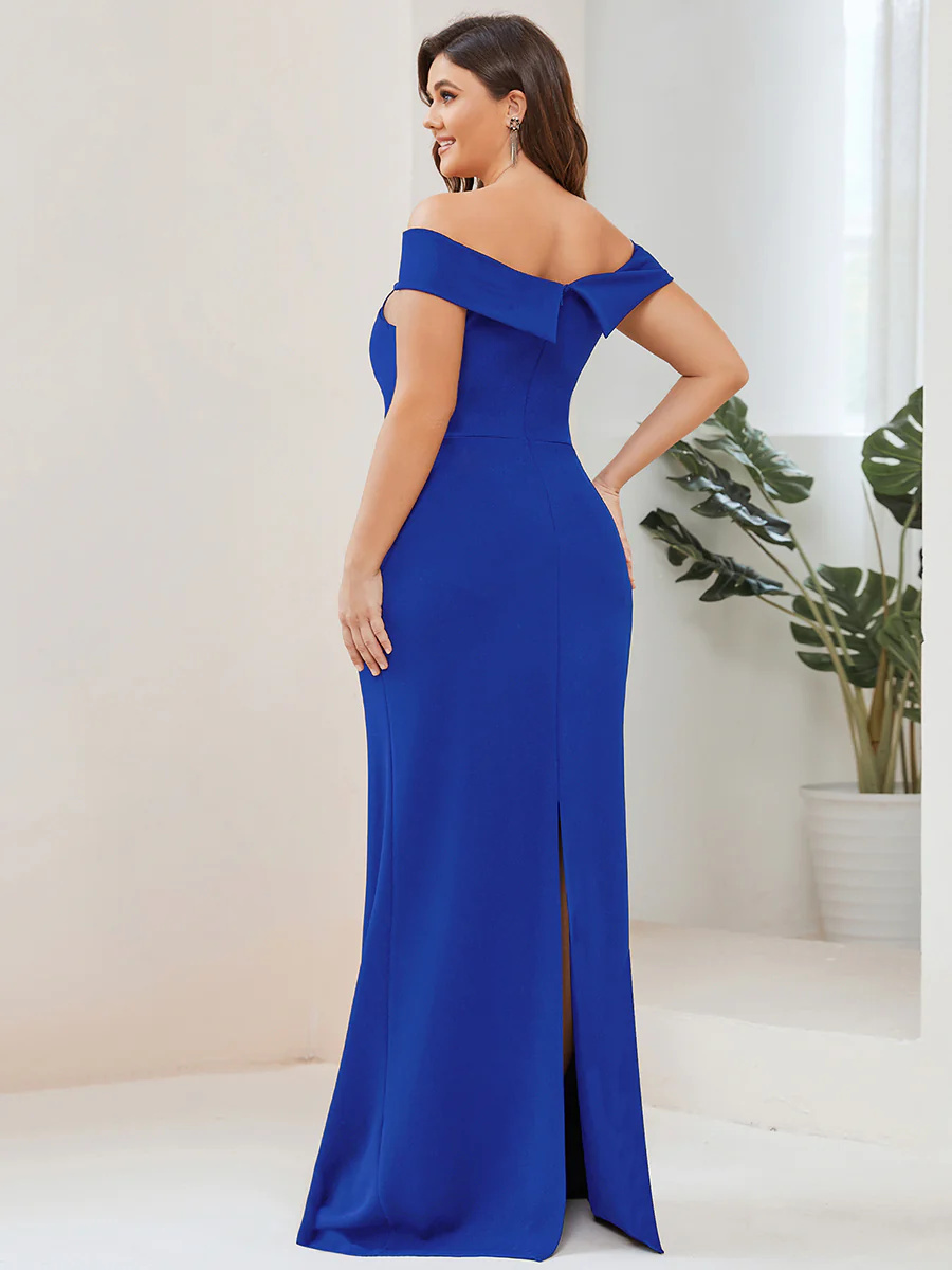 Plus Short Sleeves Off Shoulder Fishtail Split Bridesmaid Dress #EMAE00030
