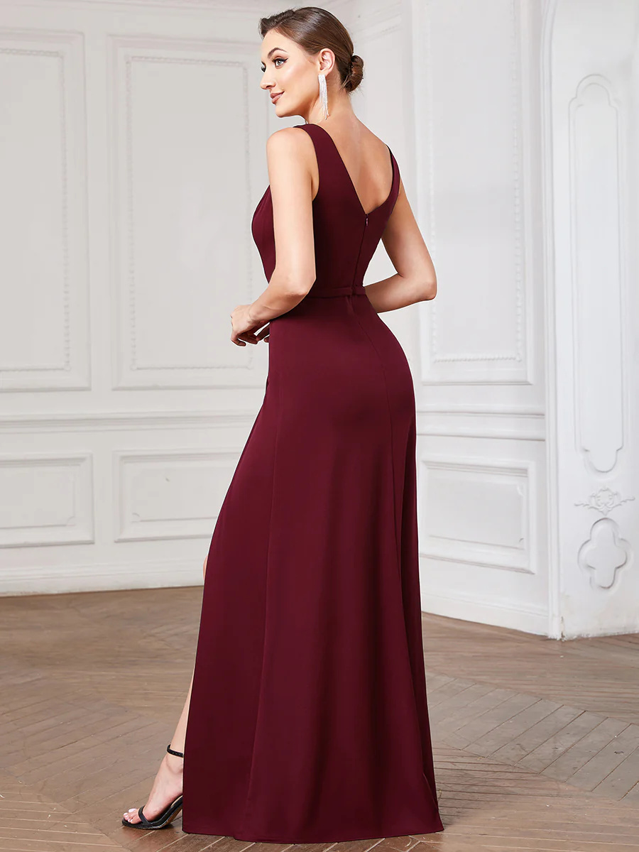 A-Line Deep V Neck Sleeveless Bridesmaid Dress with Split #EMAE00038