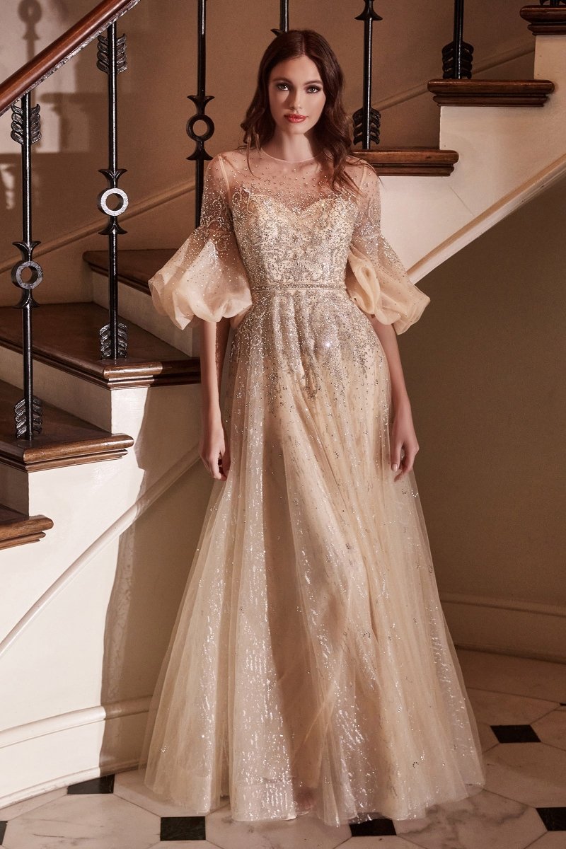 Elegance Illusion Sweetheart Neckline Puff Sleeves Gown #B703