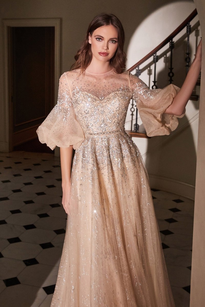 Elegance Illusion Sweetheart Neckline Puff Sleeves Gown #B703
