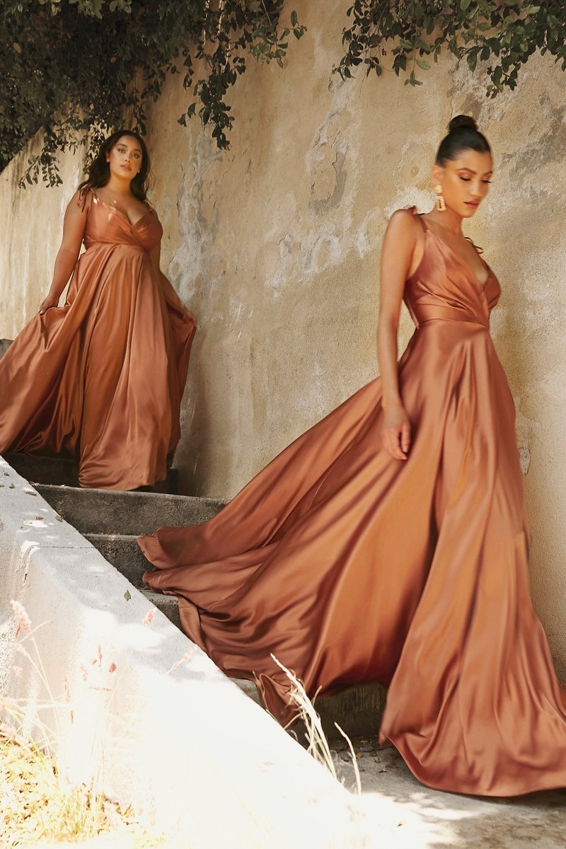 Flowy A-Line V-Neck Floor-Sweeping Satin Bridesmaid Dress #BD105  Emdresses