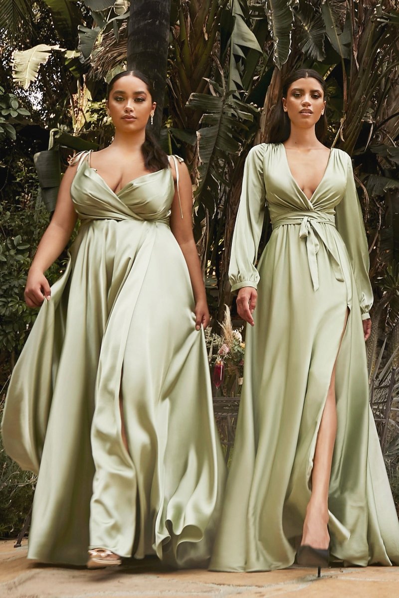 Flowy A-Line V-Neck Floor-Sweeping Satin Bridesmaid Dress #BD105