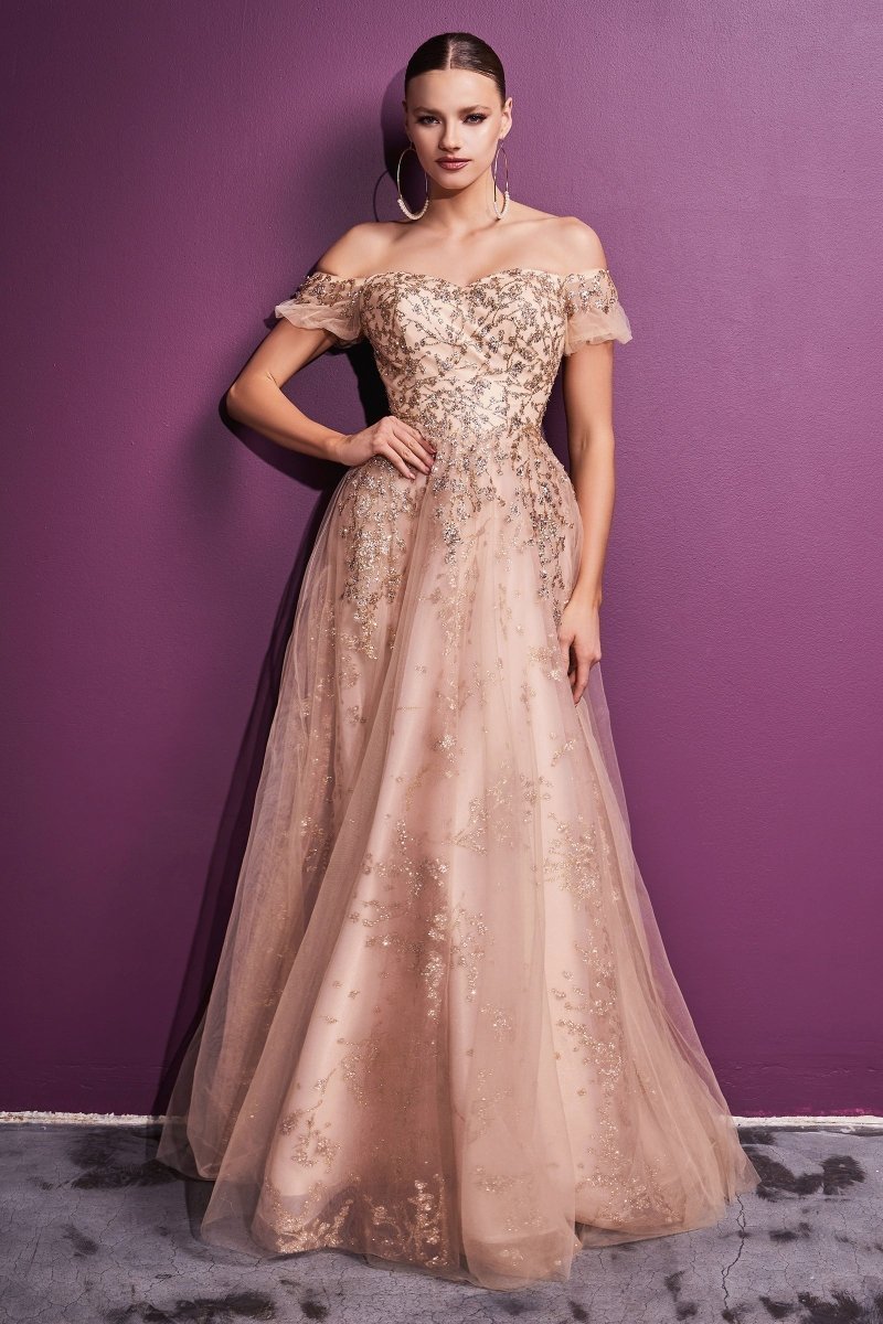 A-Line Sweetheart Off The Shoulder Glitter Sequin Floral Gown #C73