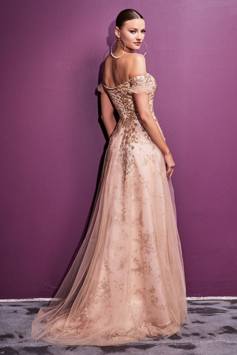A-Line Sweetheart Off The Shoulder Glitter Sequin Floral Gown #C73