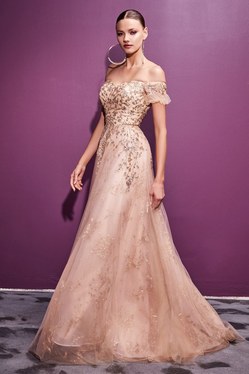 A-Line Sweetheart Off The Shoulder Glitter Sequin Floral Gown #C73