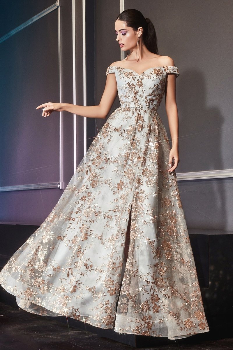 A-Line Sweetheart Off The Shoulder Glitter Floral Printed Slit Ball Gown #CB069