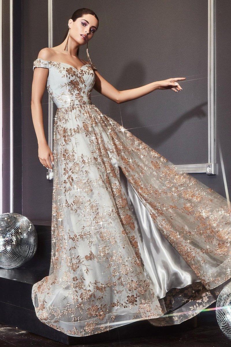 A-Line Sweetheart Off The Shoulder Glitter Floral Printed Slit Ball Gown #CB069