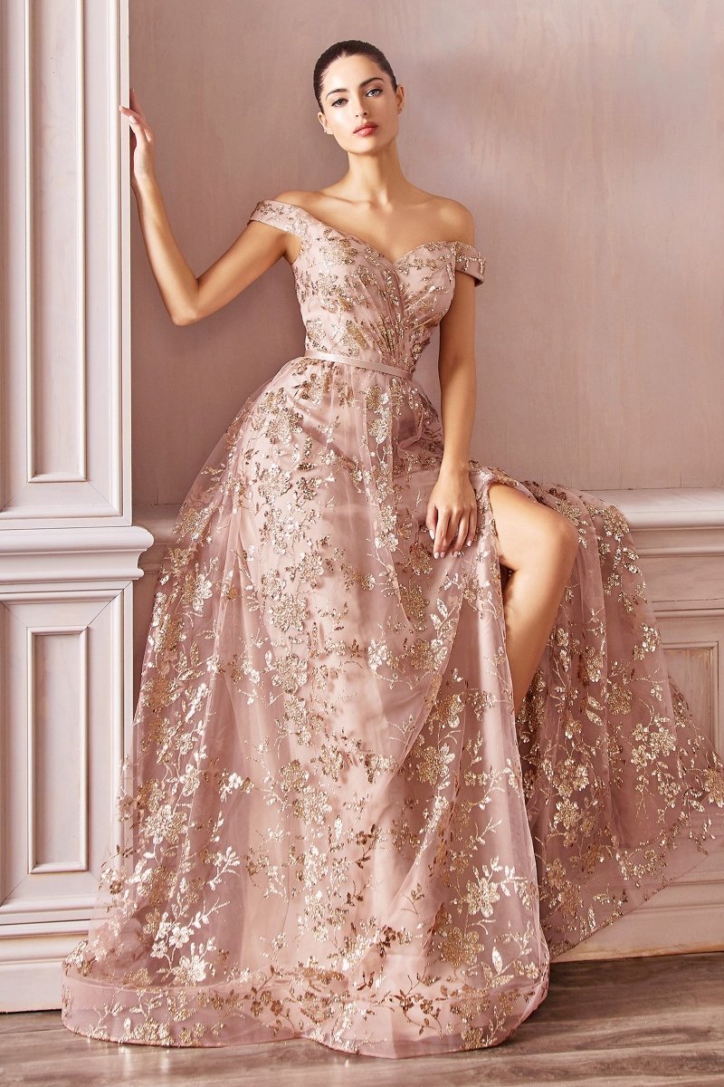A-Line Sweetheart Off The Shoulder Glitter Floral Printed Slit Ball Gown #CB069