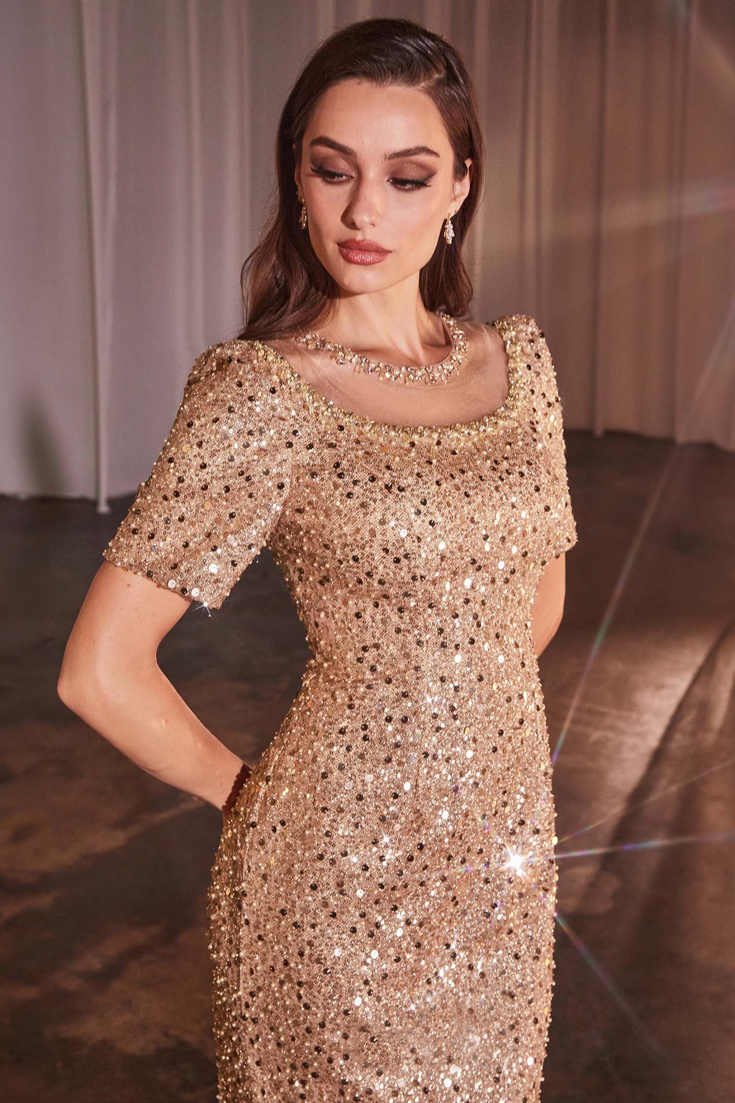 ​​Stunning Sheath Illusion Shimmering Sequin Half Sleeves Gown #CB151