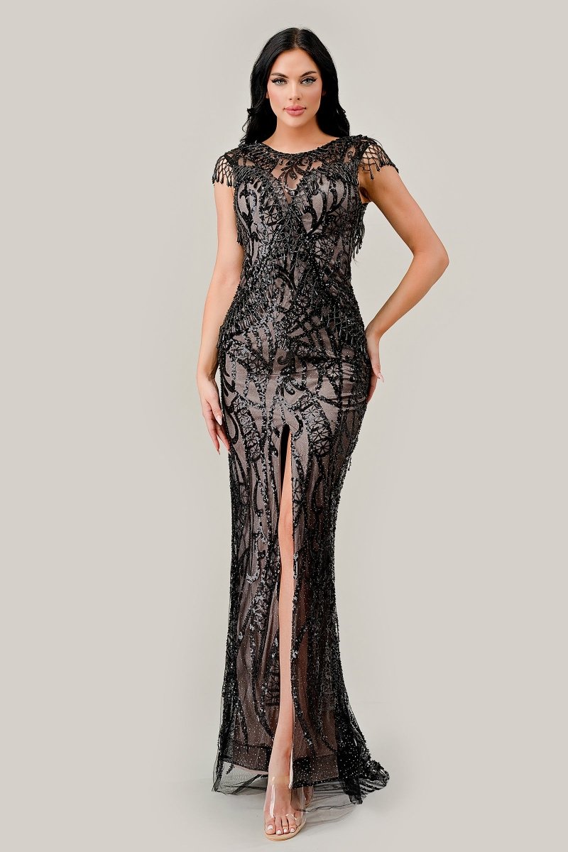 Black Cap Sleeve Sequin and Tulle Dress