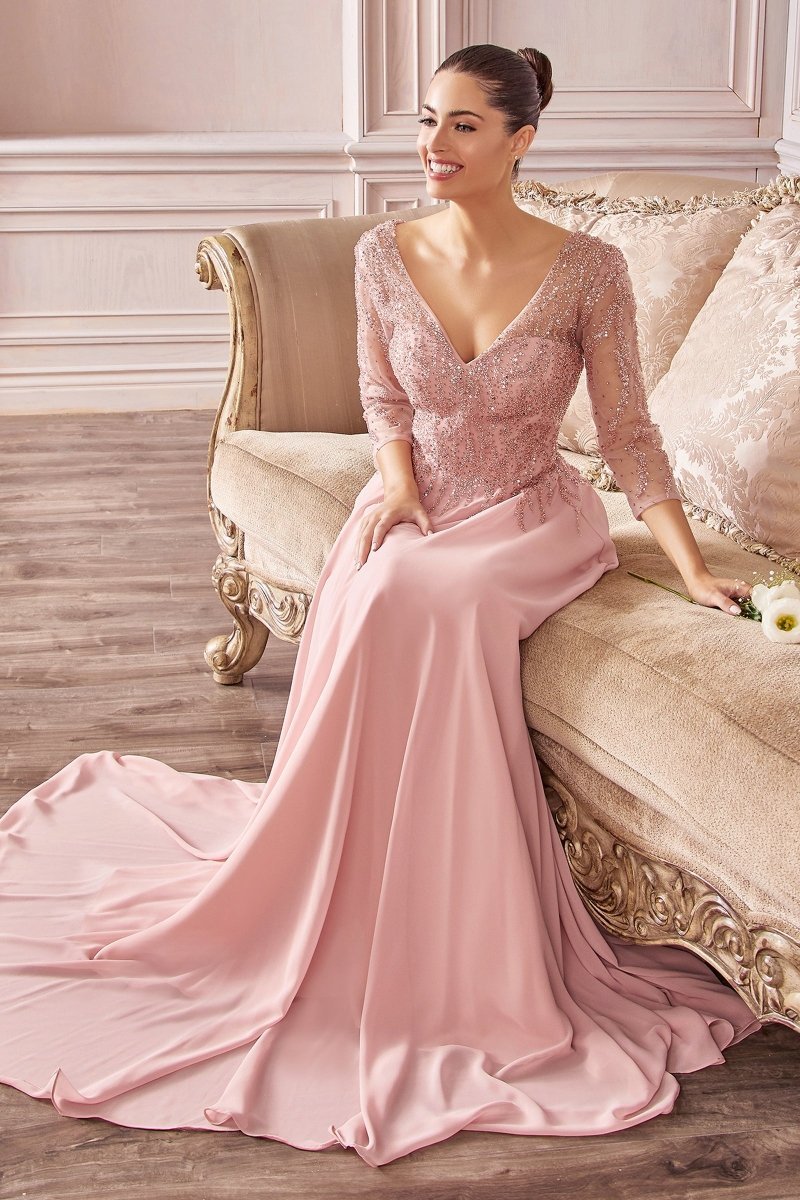 ​​Elegant A-Line Chiffon Beaded Long Sleeve Gown #CD0171