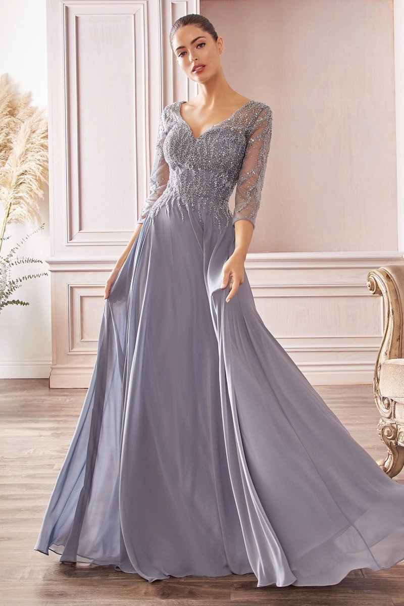 ​​Elegant A-Line Chiffon Beaded Long Sleeve Gown #CD0171