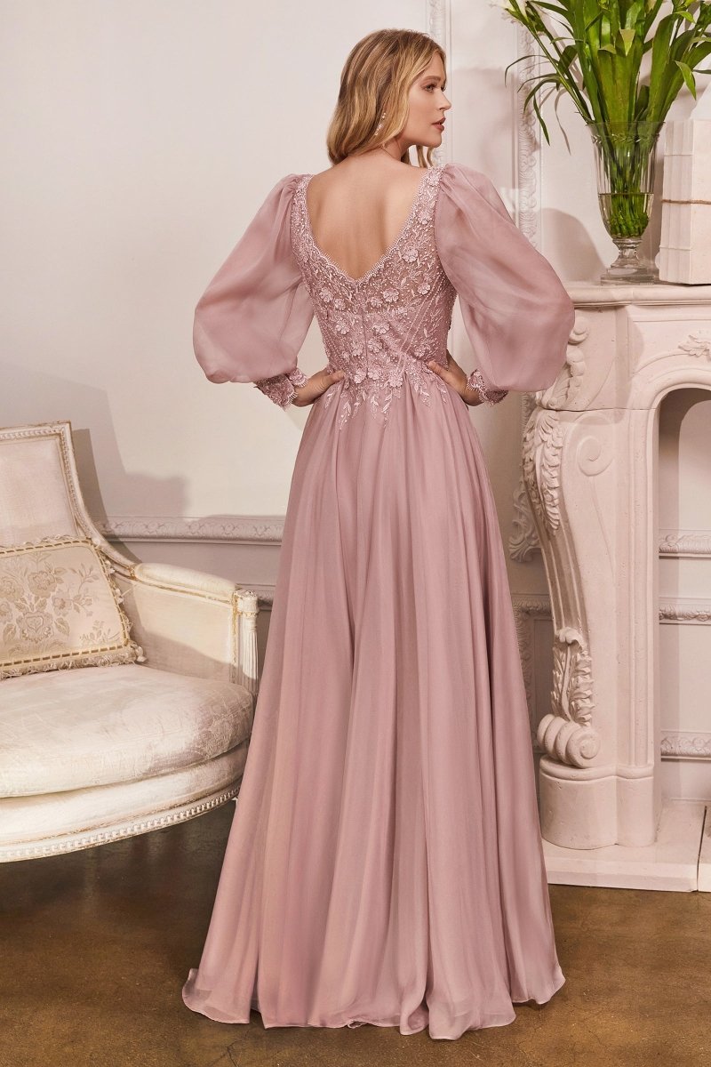 Modern Long Sleeve Chiffon Layered Lace Applique Gown #CD0183