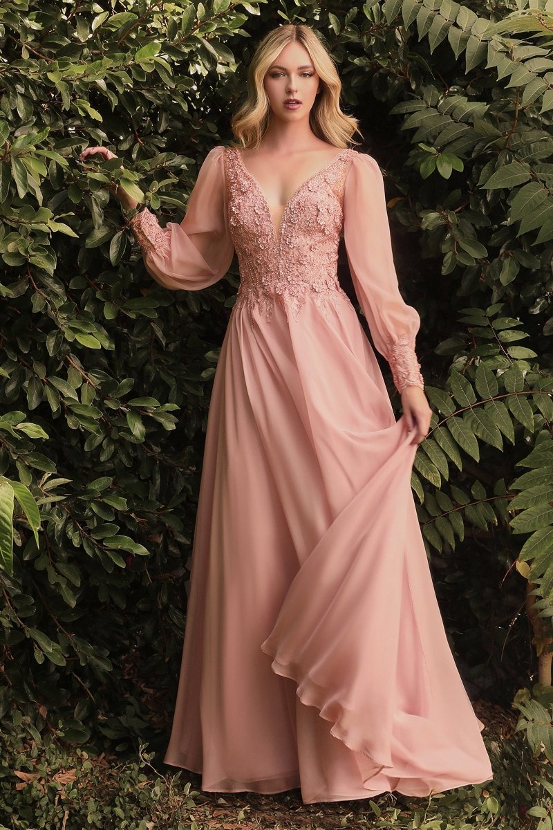 Modern Long Sleeve Chiffon Layered Lace Applique Gown #CD0183