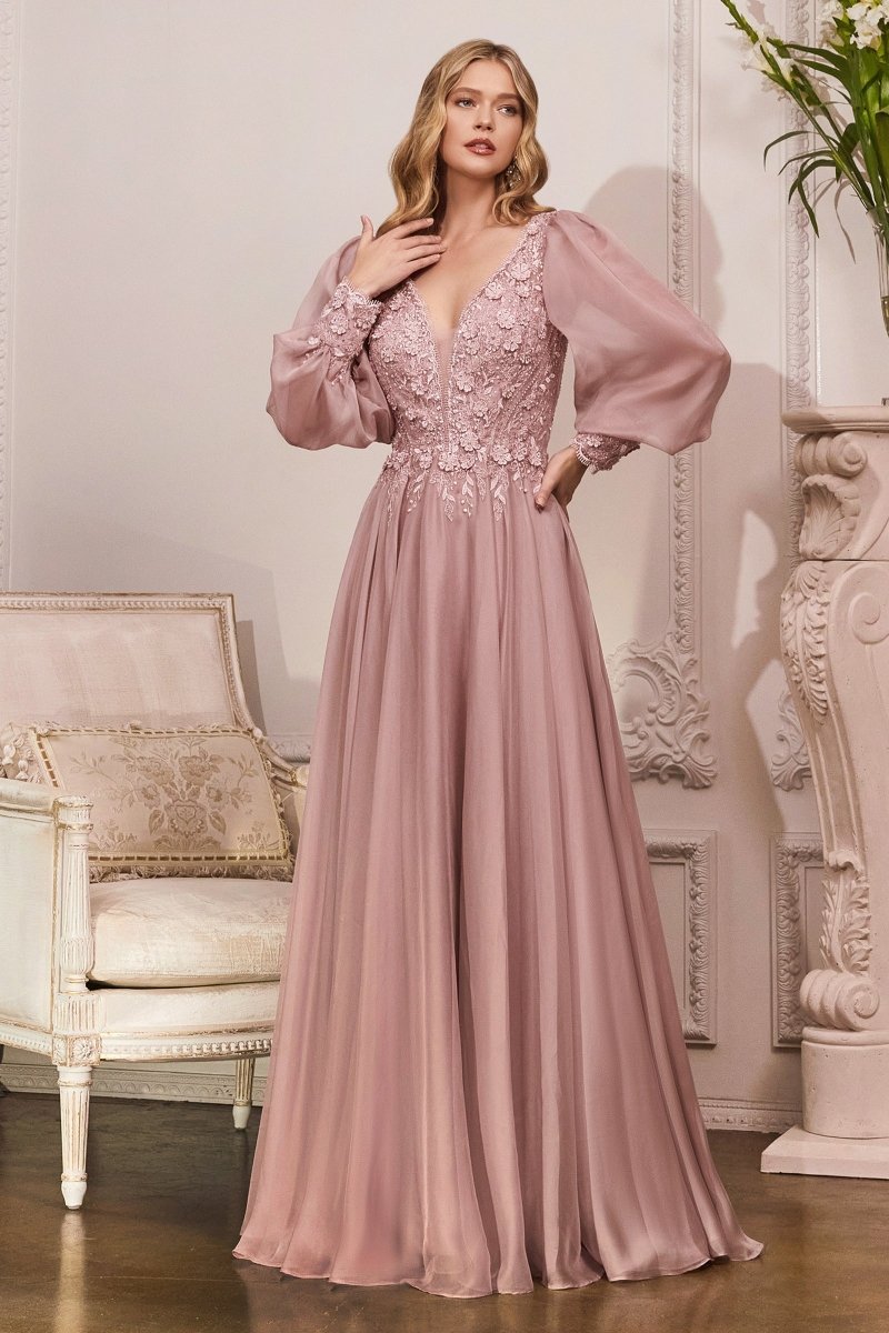 Modern Long Sleeve Chiffon Layered Lace Applique Gown #CD0183