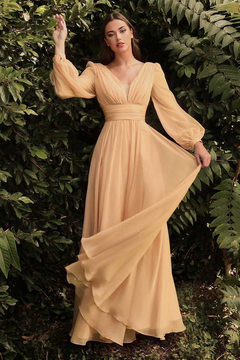 Dreamy A-Line Deep V-Neck Long Sleeve Chiffon Gown #CD0192
