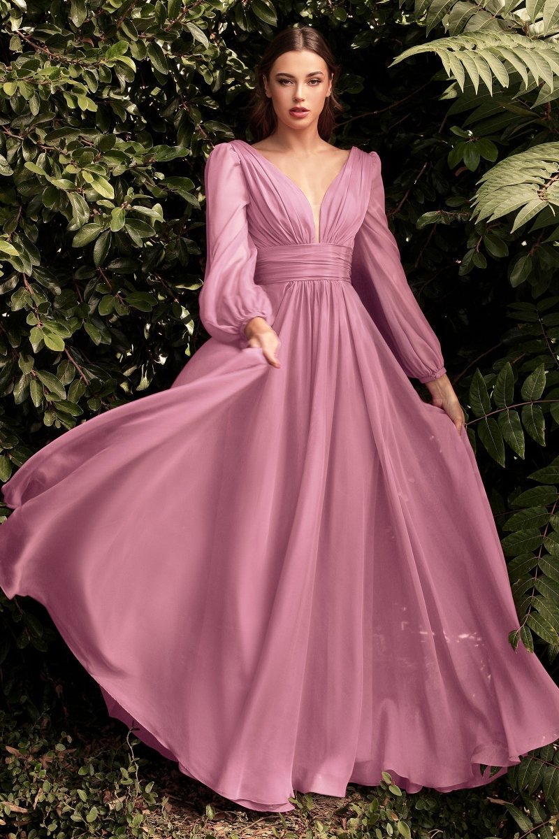 Dreamy A-Line Deep V-Neck Long Sleeve Chiffon Gown #CD0192