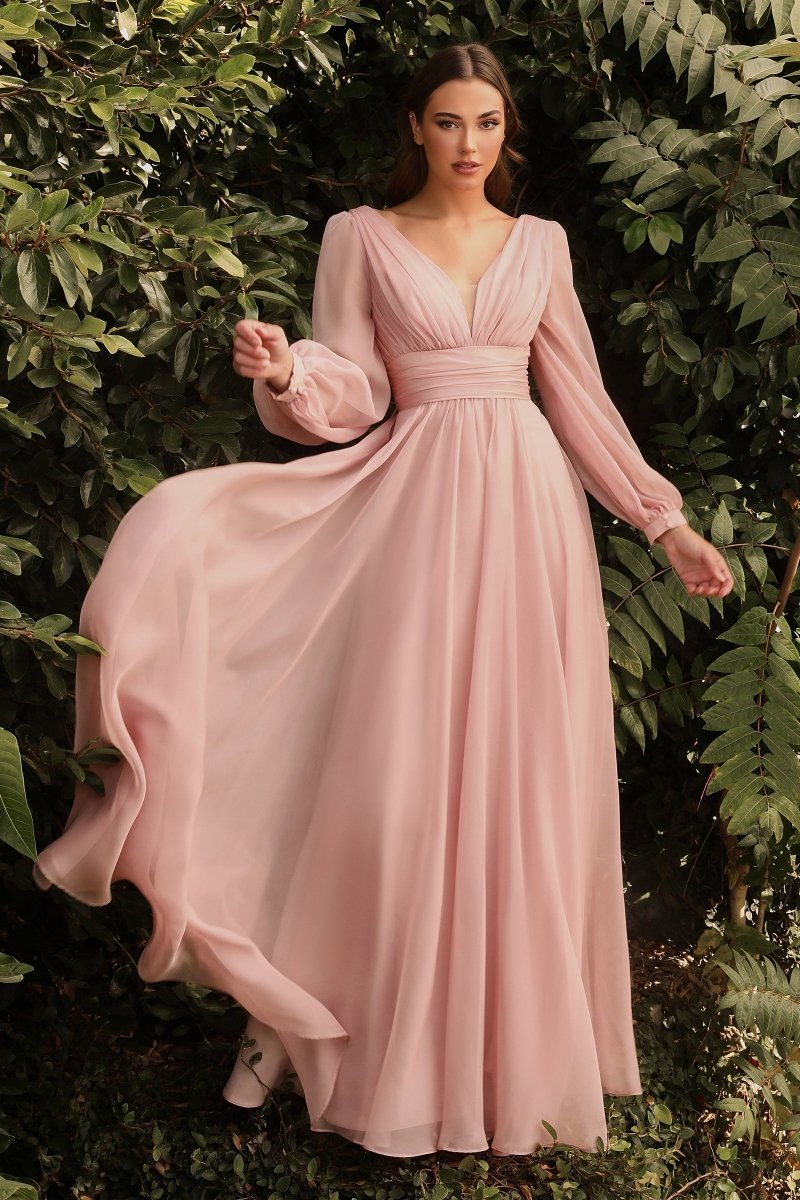 Dreamy A-Line Deep V-Neck Long Sleeve Chiffon Gown #CD0192