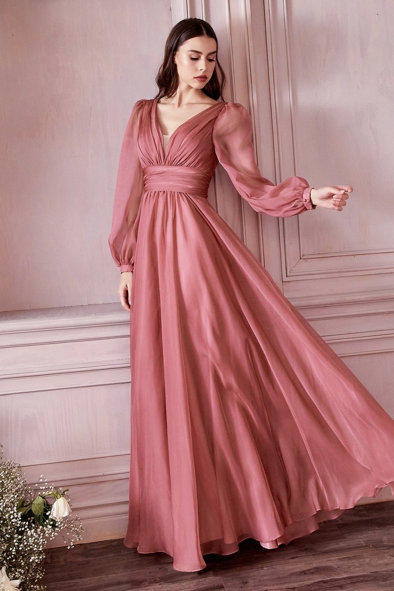 Dreamy A-Line Deep V-Neck Long Sleeve Chiffon Gown #CD0192