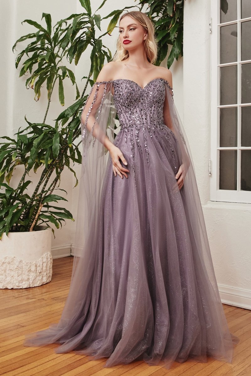 ​​A-Line Sweetheart Layered Tulle Gown With Cape Sleeves #CD0204