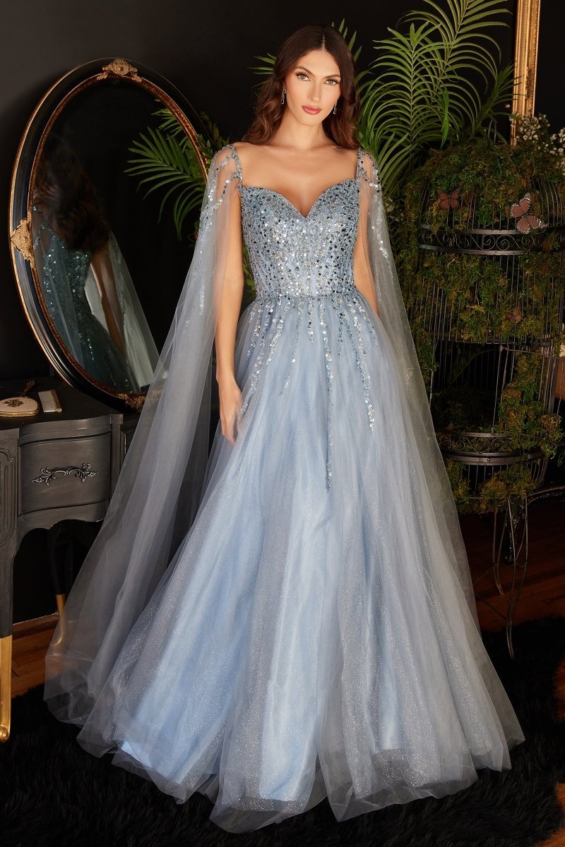 ​​A-Line Sweetheart Layered Tulle Gown With Cape Sleeves #CD0204