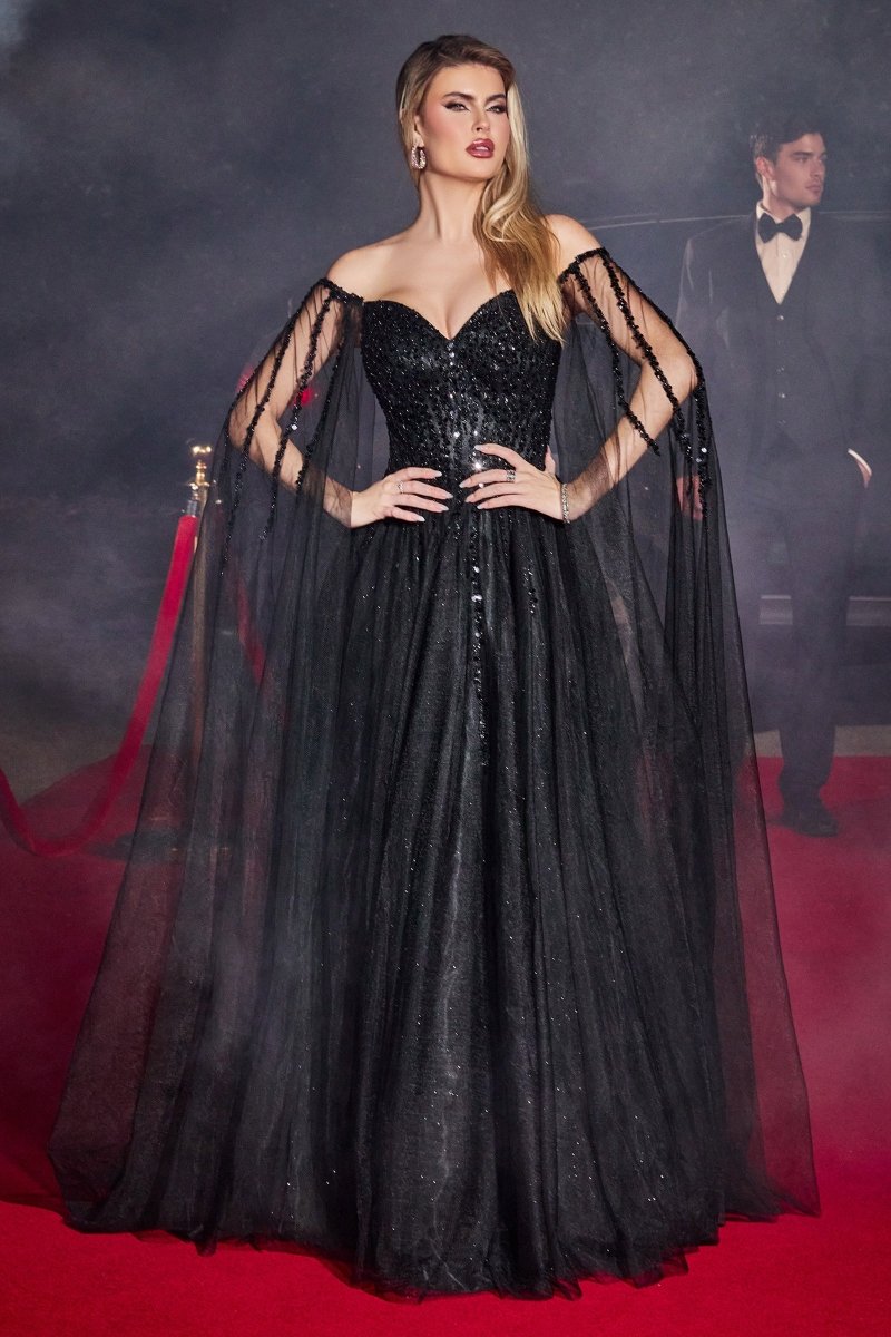​​A-Line Sweetheart Layered Tulle Gown With Cape Sleeves #CD0204