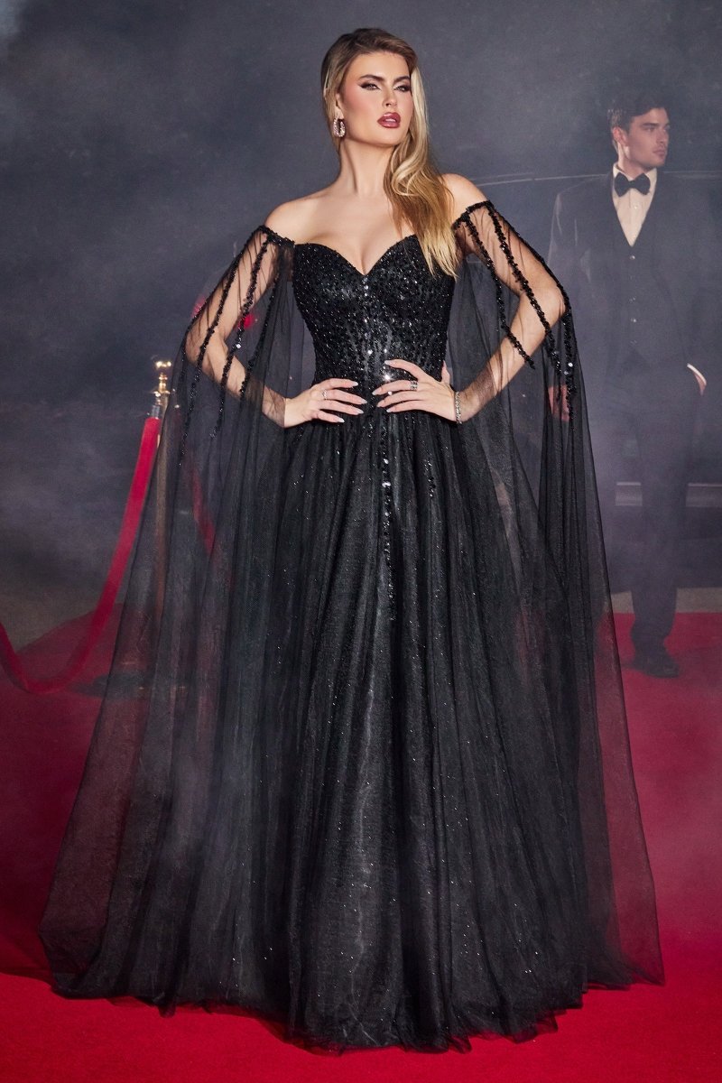 ​​A-Line Sweetheart Layered Tulle Gown With Cape Sleeves #CD0204