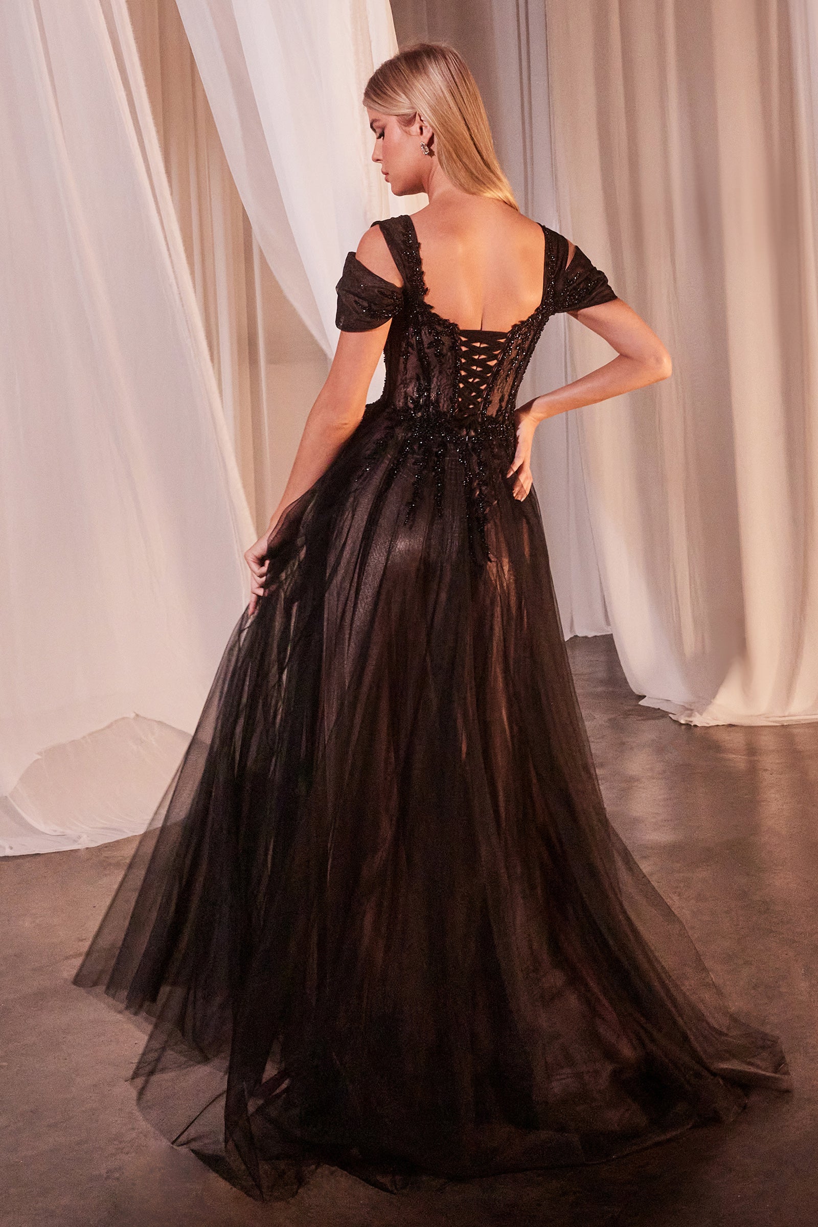 Elegance A-Line Sweetheart Black Lace Off-The-Shoulder Gown #CD0237
