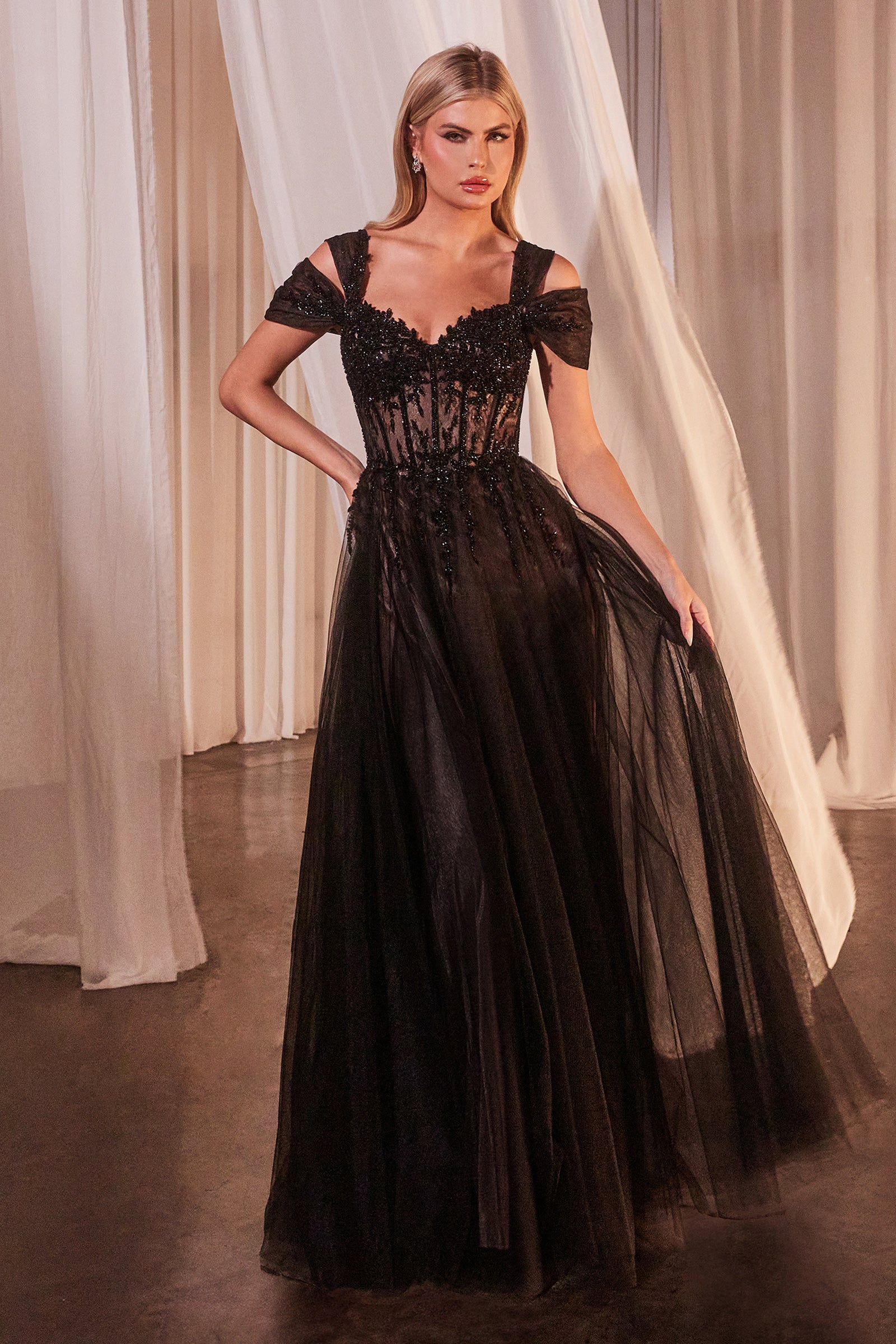 Elegance A-Line Sweetheart Black Lace Off-The-Shoulder Gown #CD0237