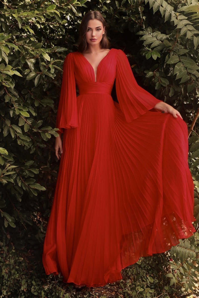 Elegant Deep V-Neck Pleated Chiffon Long Sleeve Gown #CD242
