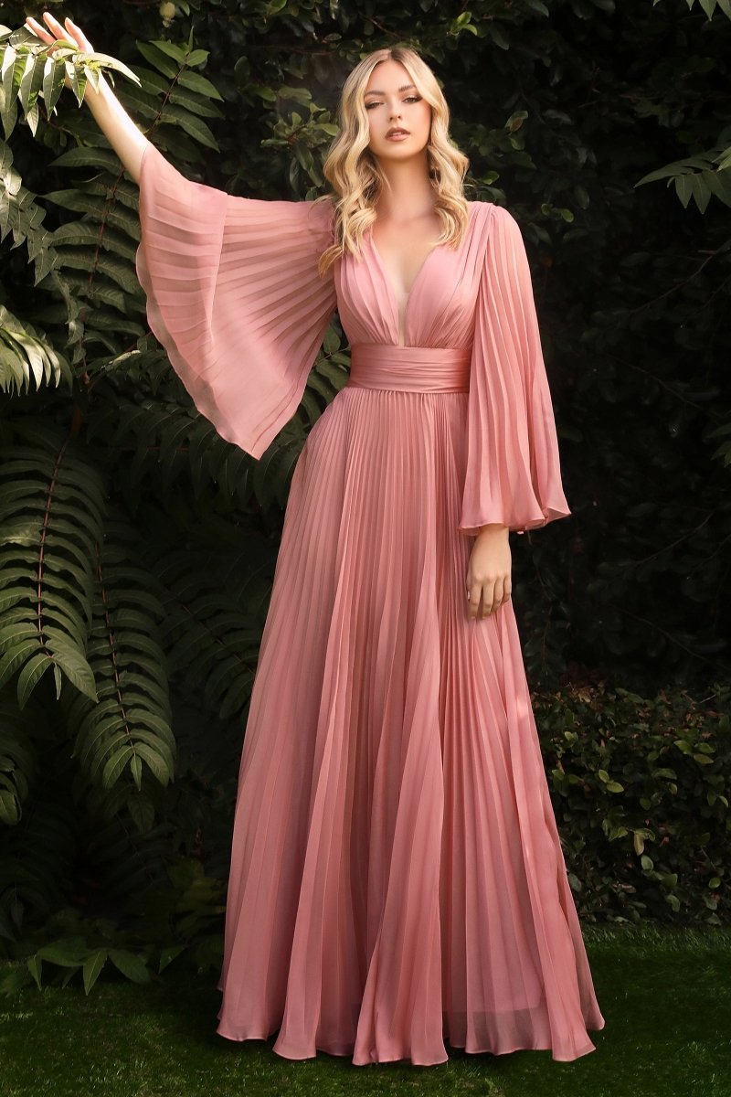 Elegant Deep V-Neck Pleated Chiffon Long Sleeve Gown #CD242