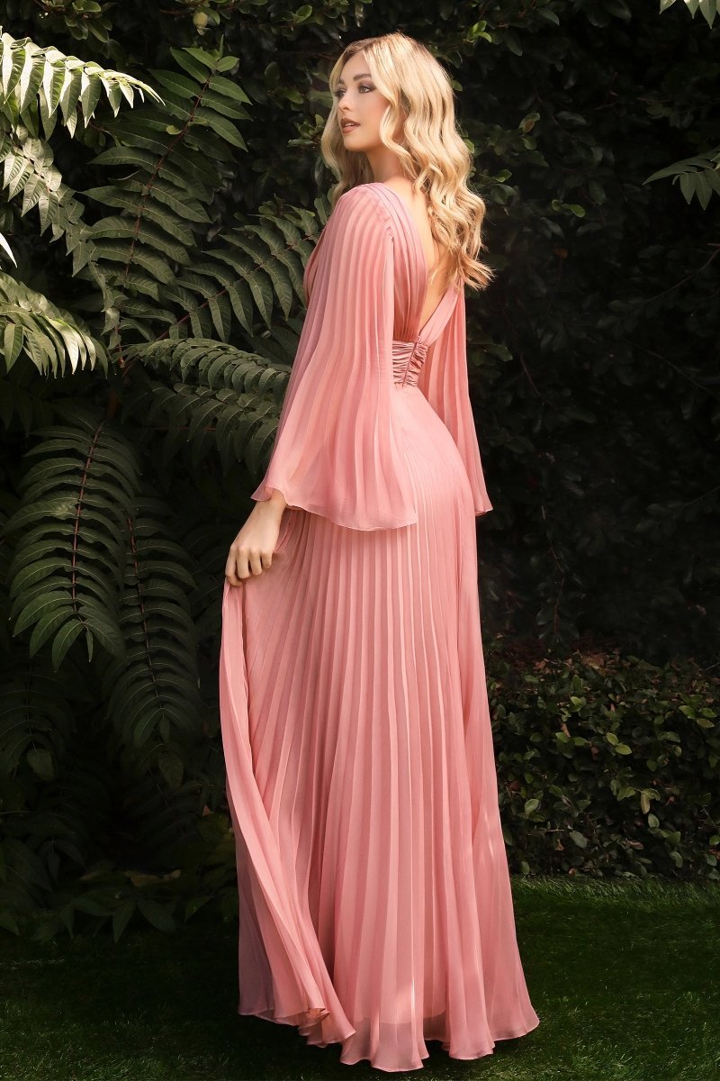 Elegant Deep V-Neck Pleated Chiffon Long Sleeve Gown #CD242