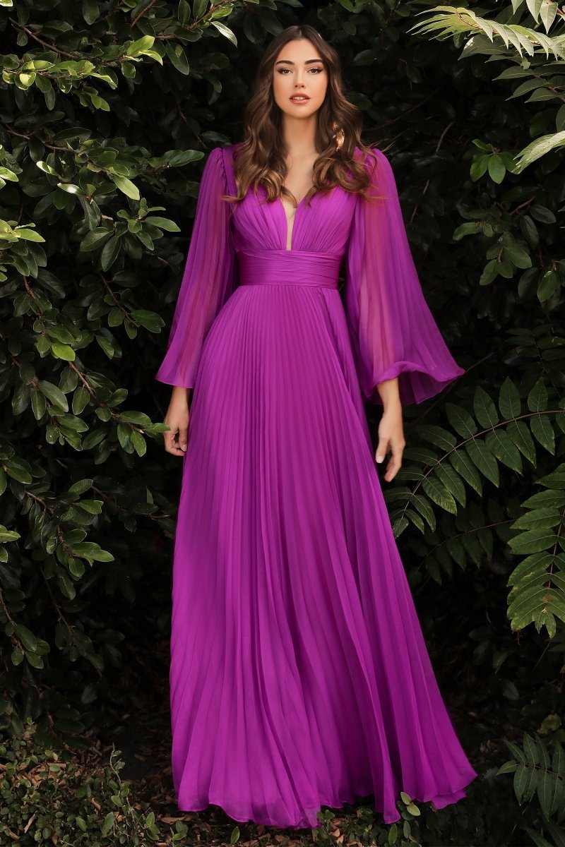 Elegant Deep V-Neck Pleated Chiffon Long Sleeve Gown #CD242