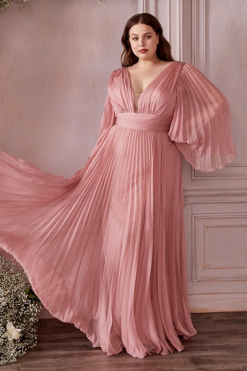 Elegant Deep V-Neck Long Sleeve Chiffon Plus Size Gown #CD242C