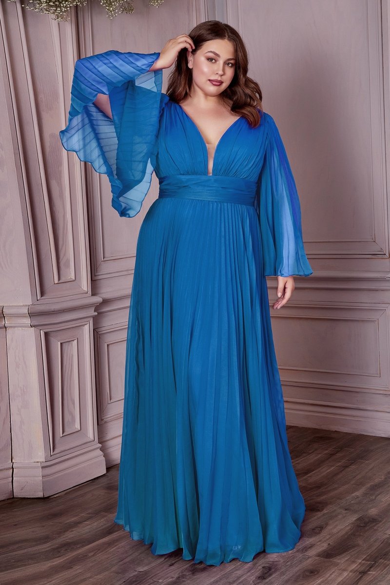 Elegant Deep V-Neck Long Sleeve Chiffon Plus Size Gown #CD242C