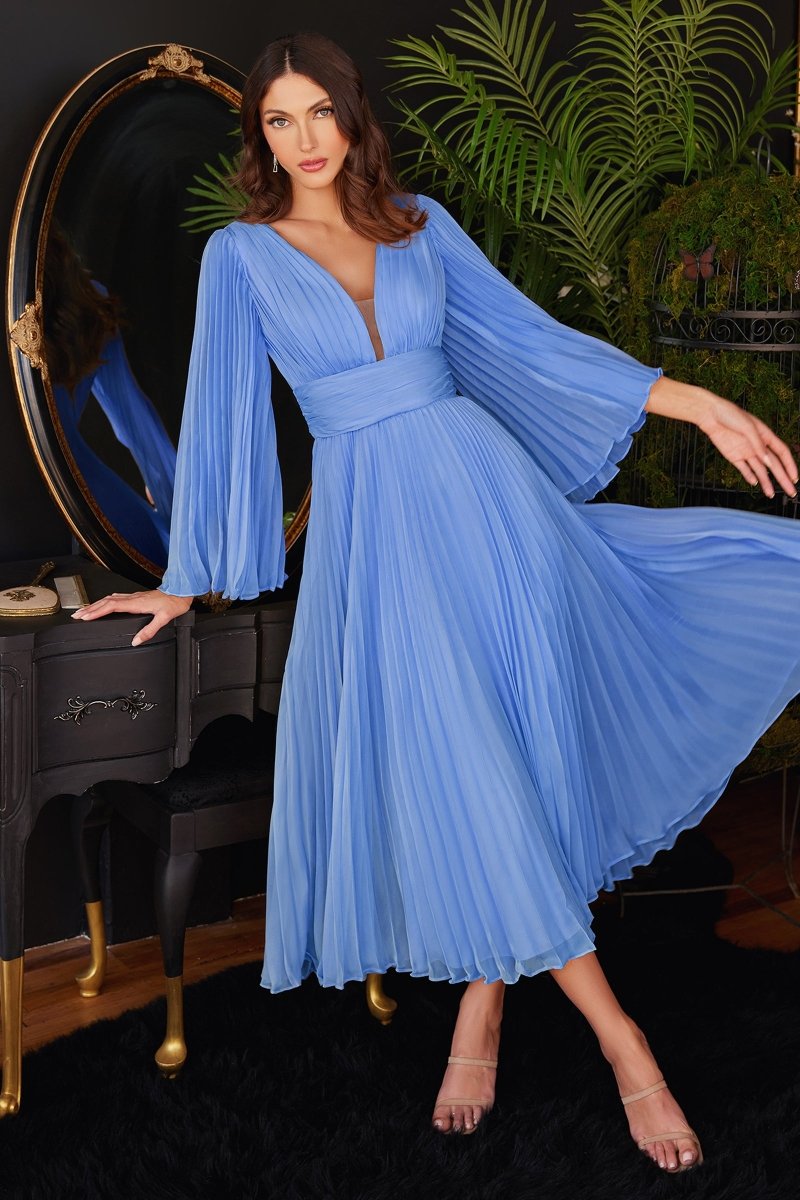 Pleated Chiffon Long Sleeve Tea Length Bridesmaid Dress #CD242S