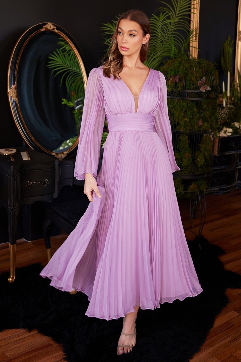 Pleated Chiffon Long Sleeve Tea Length Bridesmaid Dress #CD242S