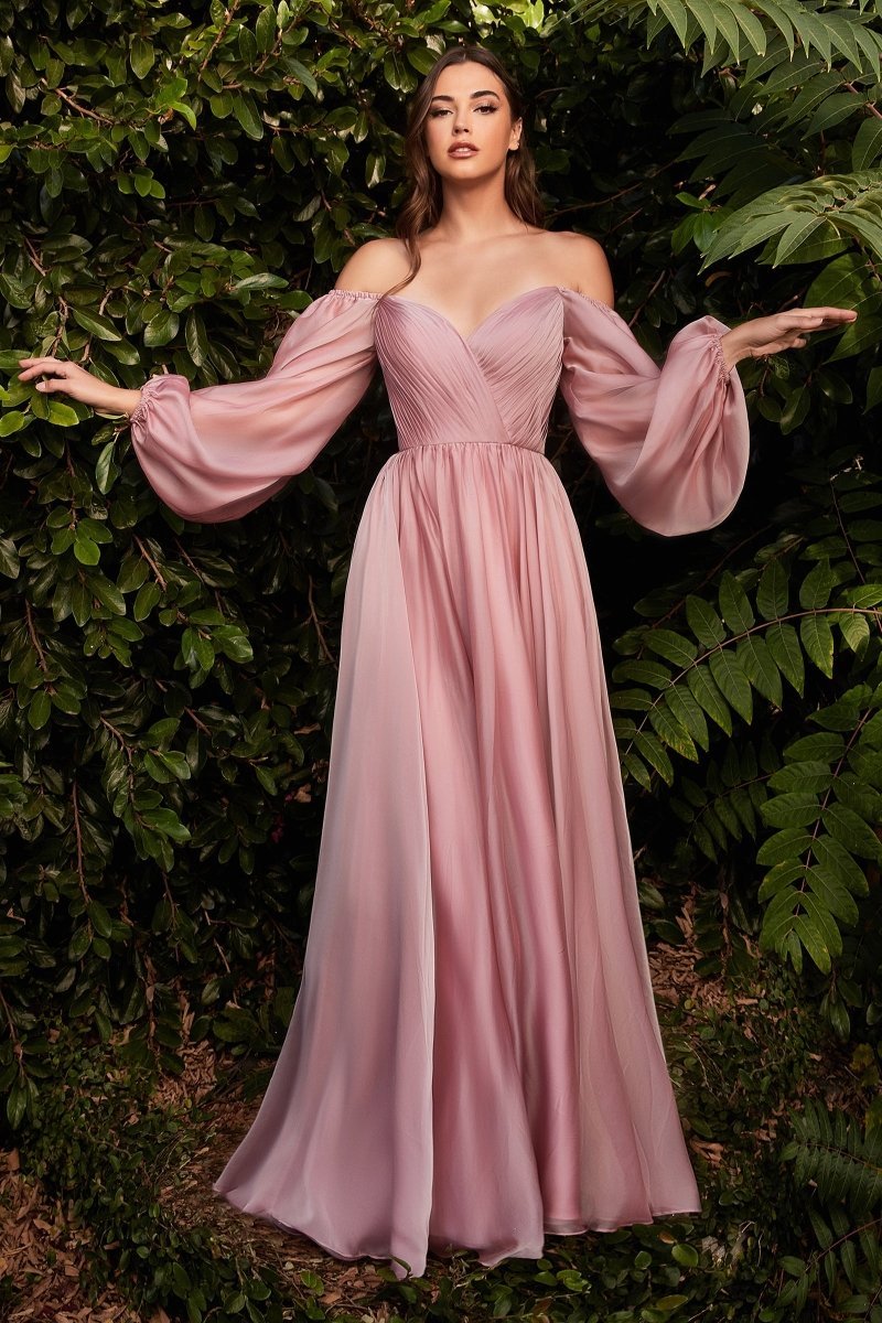 A-Line Sweetheart Pleated Long Sleeve Chiffon Gown #CD243