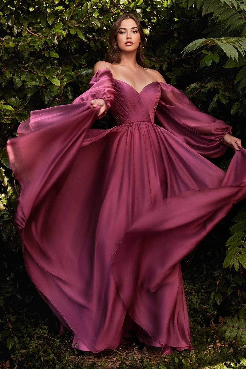 A-Line Sweetheart Pleated Long Sleeve Chiffon Gown #CD243