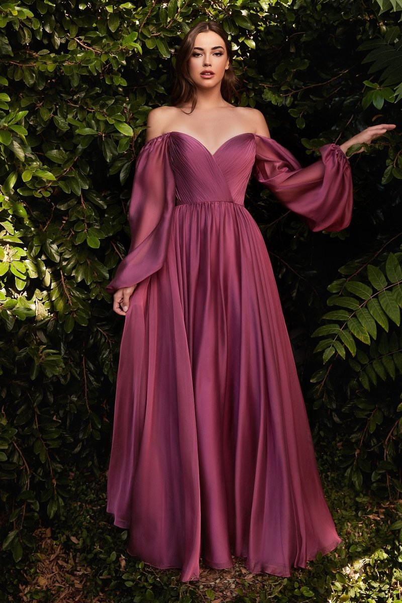 A-Line Sweetheart Pleated Long Sleeve Chiffon Gown #CD243