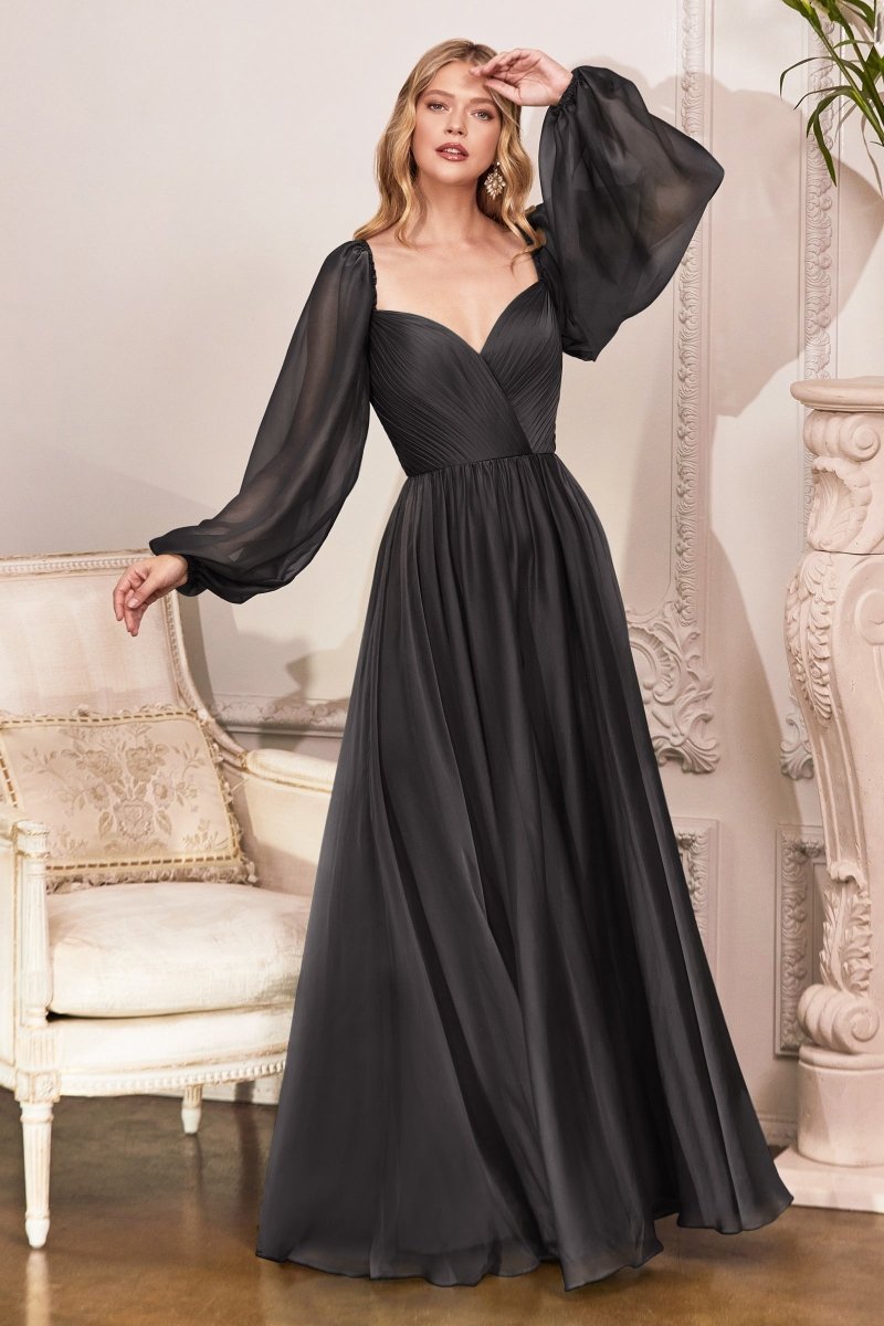 A-Line Sweetheart Pleated Long Sleeve Chiffon Gown #CD243
