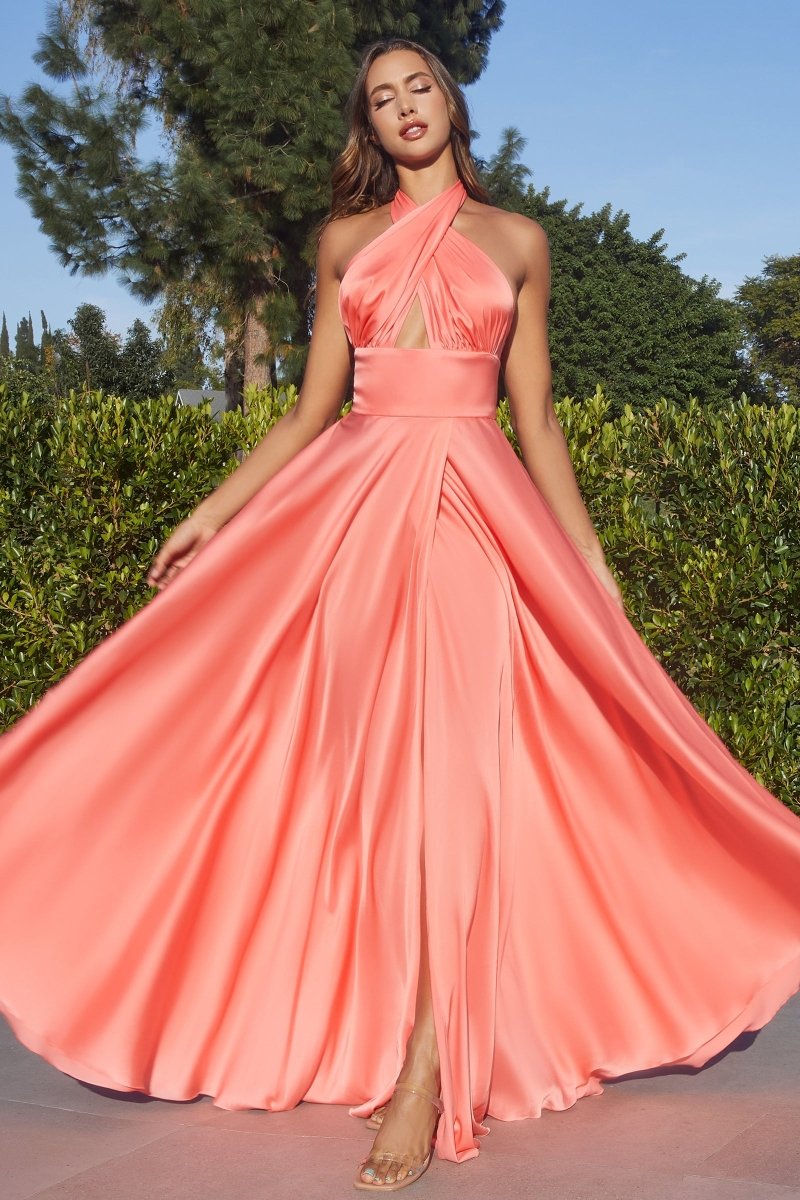 A-Line Halter Sleeveless Slit Bridesmaid Dress #CD323