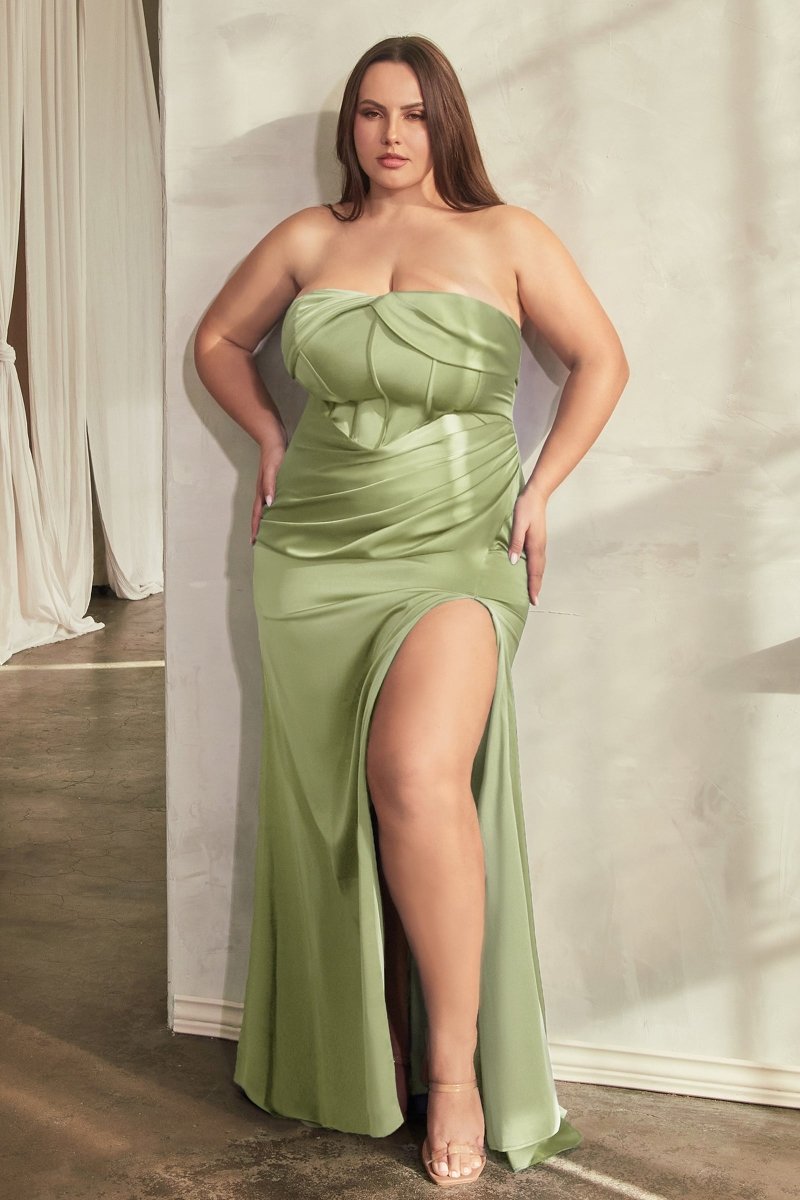 Classic Fitted Strapless Pleated Soft Satin Slit Bridesmaid Dress #CD326C