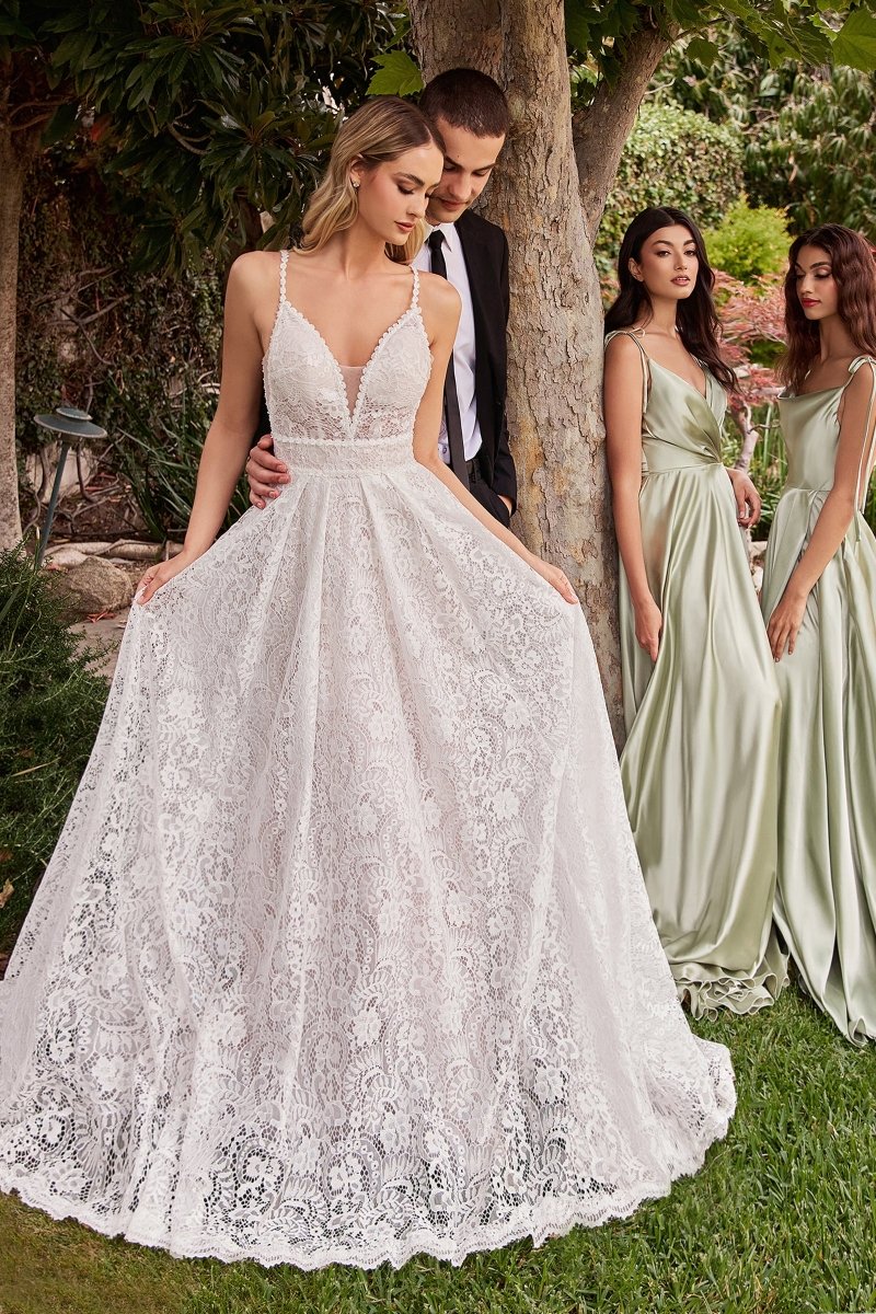 ​​​​​Stunning A-Line Deep V-Neck Lace Emovable Sleeves Bridal Gown #CD