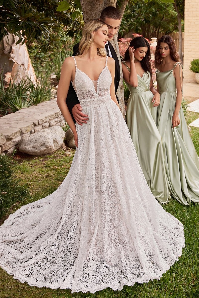 ​​​​​Stunning A-Line Deep V-Neck Lace Emovable Sleeves Bridal Gown #CD862W