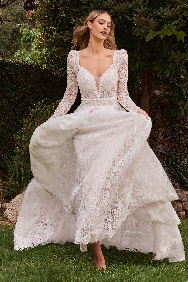 ​​​​​Stunning A-Line Deep V-Neck Lace Emovable Sleeves Bridal Gown #CD862W