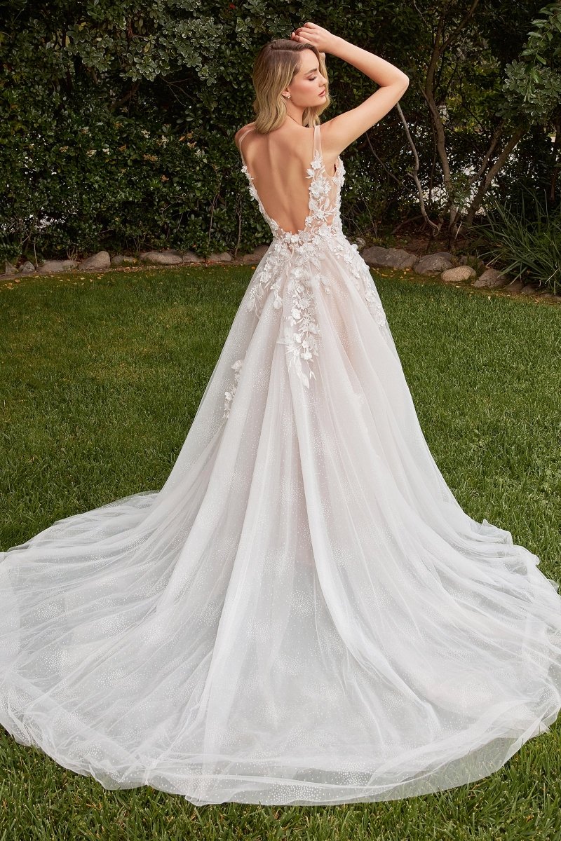 Stunning A-Line Deep V-Neck Wedding Gown With Removable Sleeves #CDS436W