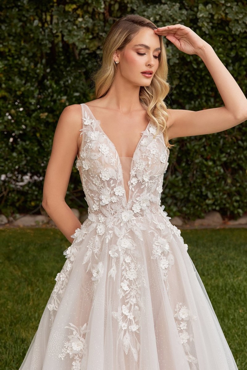 Stunning A-Line Deep V-Neck Wedding Gown With Removable Sleeves #CDS436W
