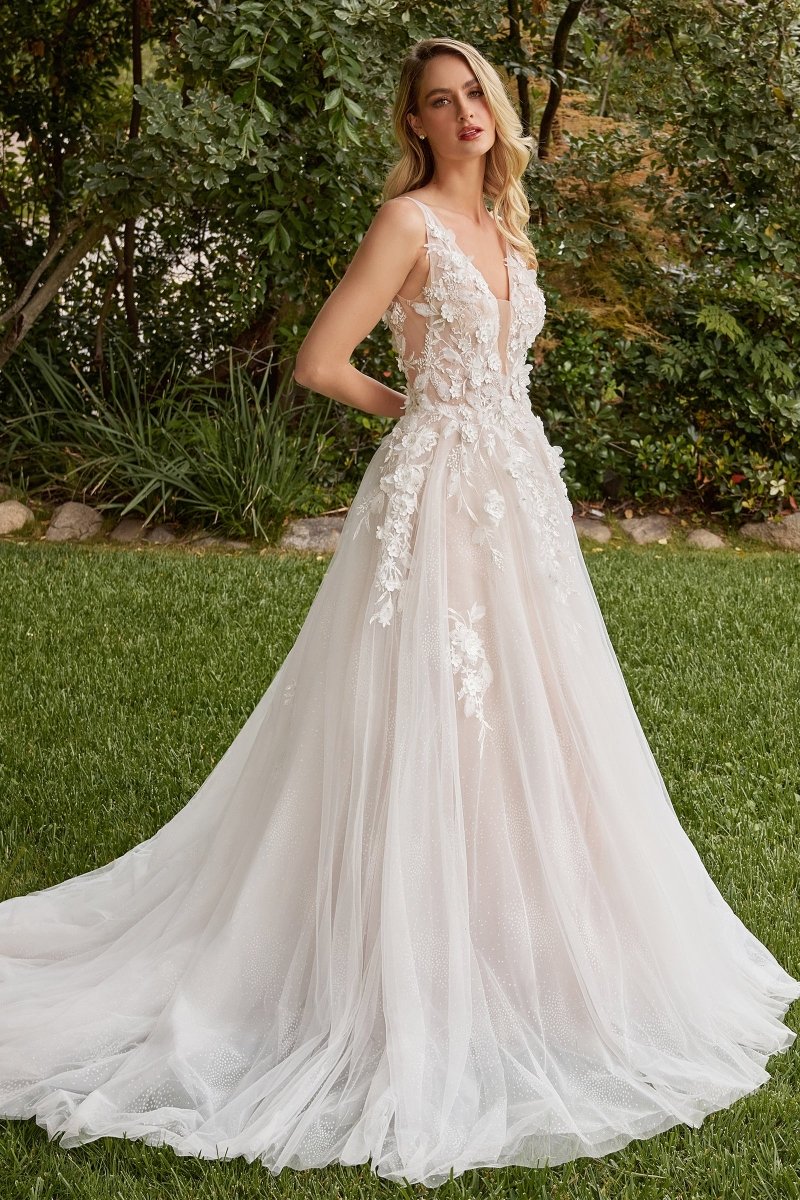 Stunning A-Line Deep V-Neck Wedding Gown With Removable Sleeves